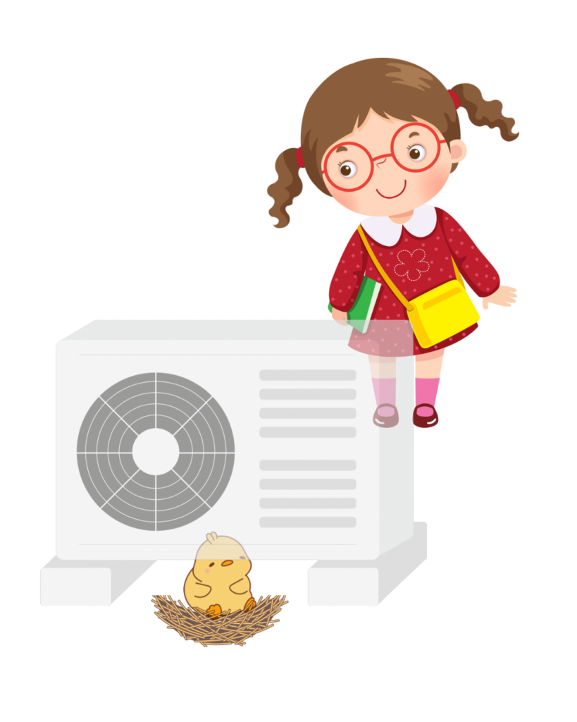 ベランダにいる鳩の雛を見る少女のイラスト