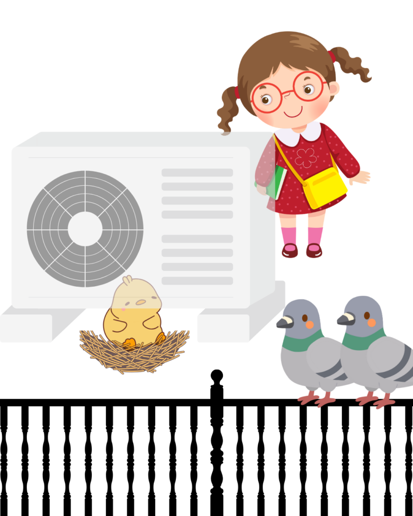 鳩の家族がベランダで子育てをする様子を見守る少女のイラスト