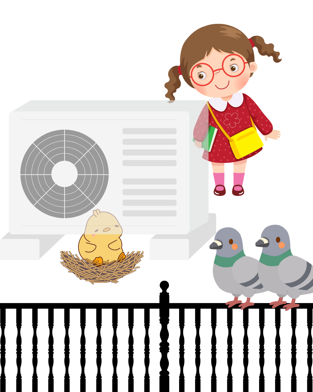 鳩の家族がベランダで子育てをする様子を見守る少女のイラスト